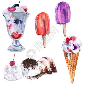 设置冰淇淋三勺冰淇淋冰淇淋蛋筒冰糕和冰淇淋放在甜点碗里在白色背景上隔图片