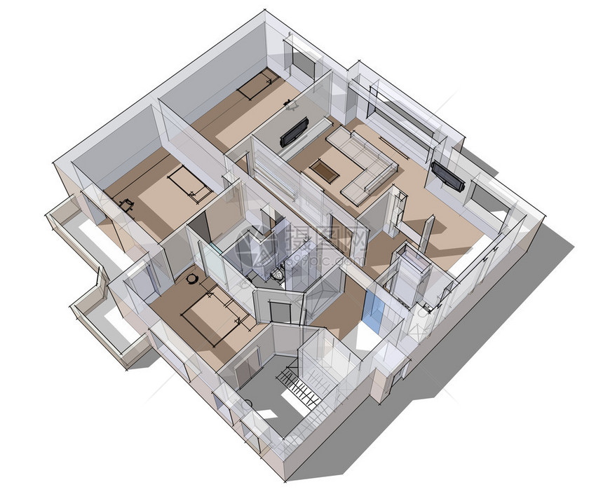 3d公寓素描在白色背景上的线条图片