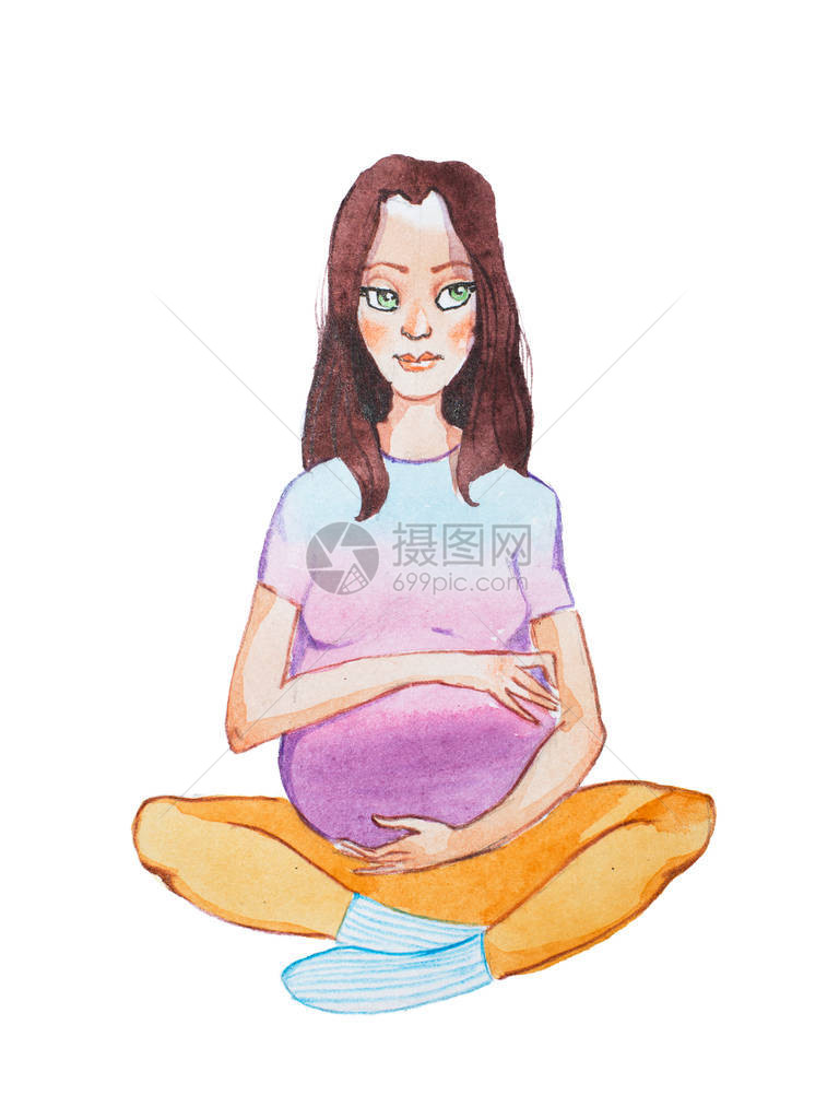 年轻孕妇坐在被白背景隔绝的地上交叉腿部的水色肖像图片