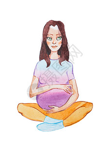 年轻孕妇坐在被白背景隔绝的地上交叉腿部的水色肖像图片