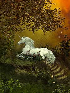 一只美丽的白色独角兽躺在一棵森林树下图片