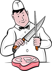 说明有一位漫画屠宰刀切割机用刀尖刺和切肉图片