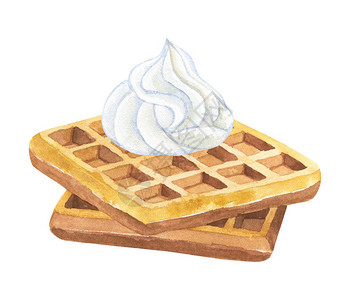 水蜜桃干蜜饯比利时华夫饼和奶油手工画水彩插画
