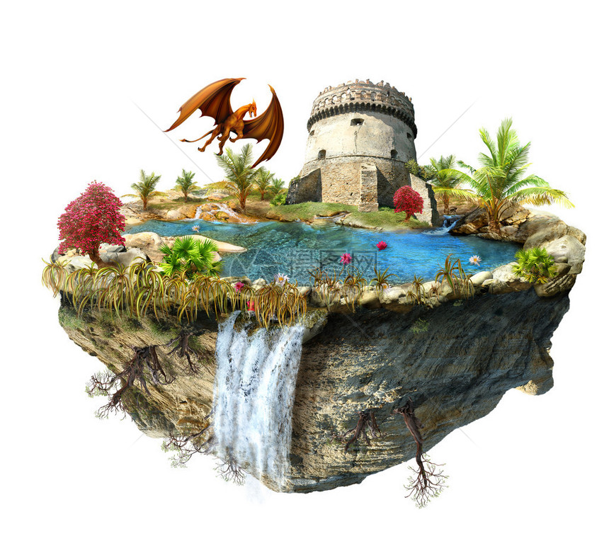 岛上有龙和高塔城堡山上浮起的瀑布正图片