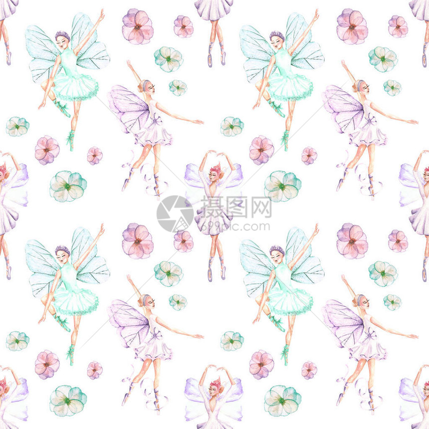 无缝模式与水彩芭蕾舞者蝴蝶翅膀和鲜花的无缝结构图片