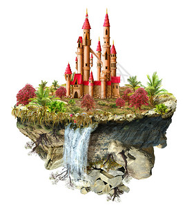 斯凯里岛上有美丽的城堡树上面翻滚的山上瀑布在太插画