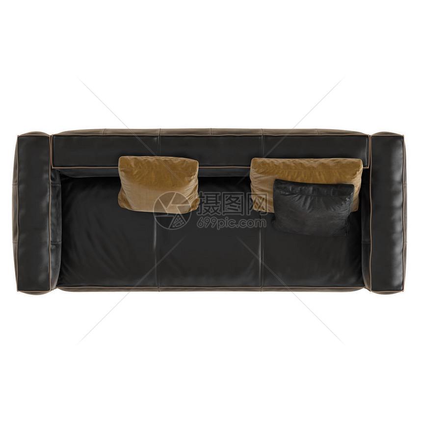 柔软的真皮沙发与孤立的背景上的枕头3D渲染图片