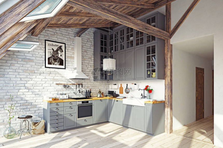 现代阁楼厨房内部3D图片