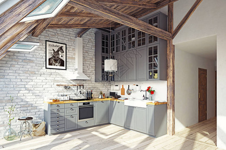 现代阁楼厨房内部3D图片