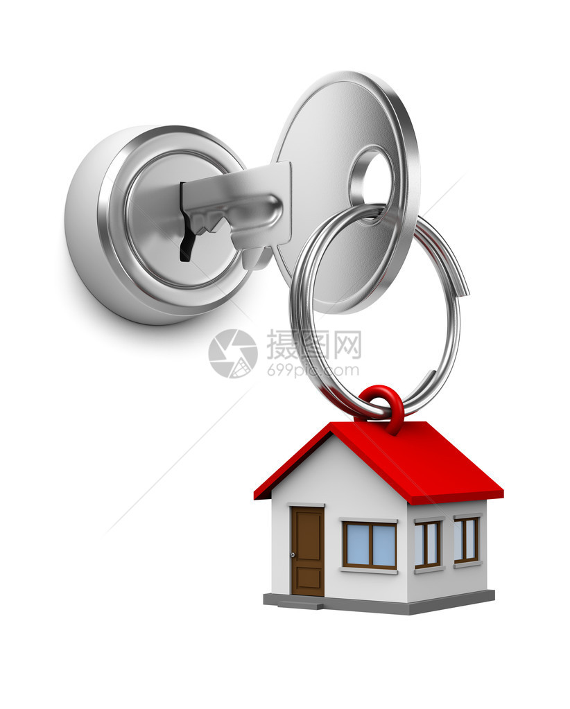 白色背景3D3D插在门锁中的房屋形状中带有键环的单图片