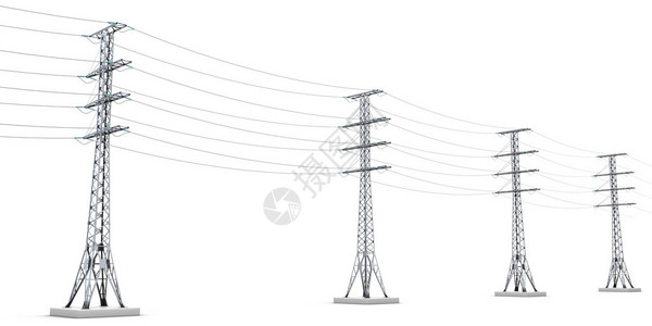高压输电线路在白色上隔离的电线3d设计图片