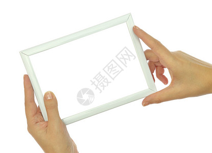 手握空白照片框在白色图片