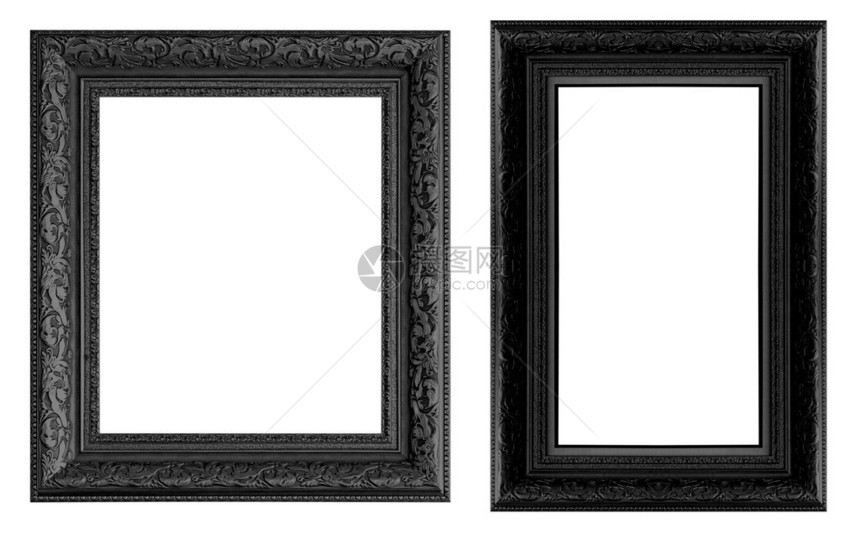 旧古董金框隔离在白色背景上装饰雕刻木架古董黑色框架隔离图片