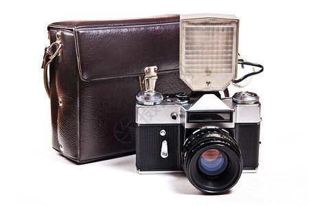 老测距仪老式照片相机与闪光灯上白色孤立旧相机闪光灯与孤立在白色图片