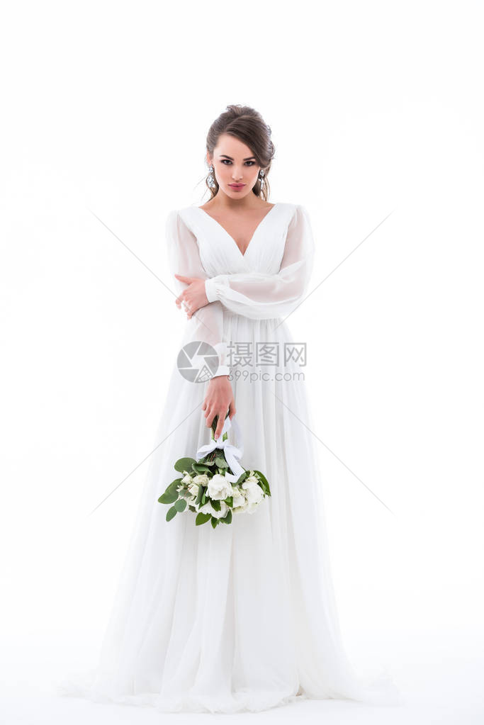 美丽的新娘穿着白色连衣裙图片