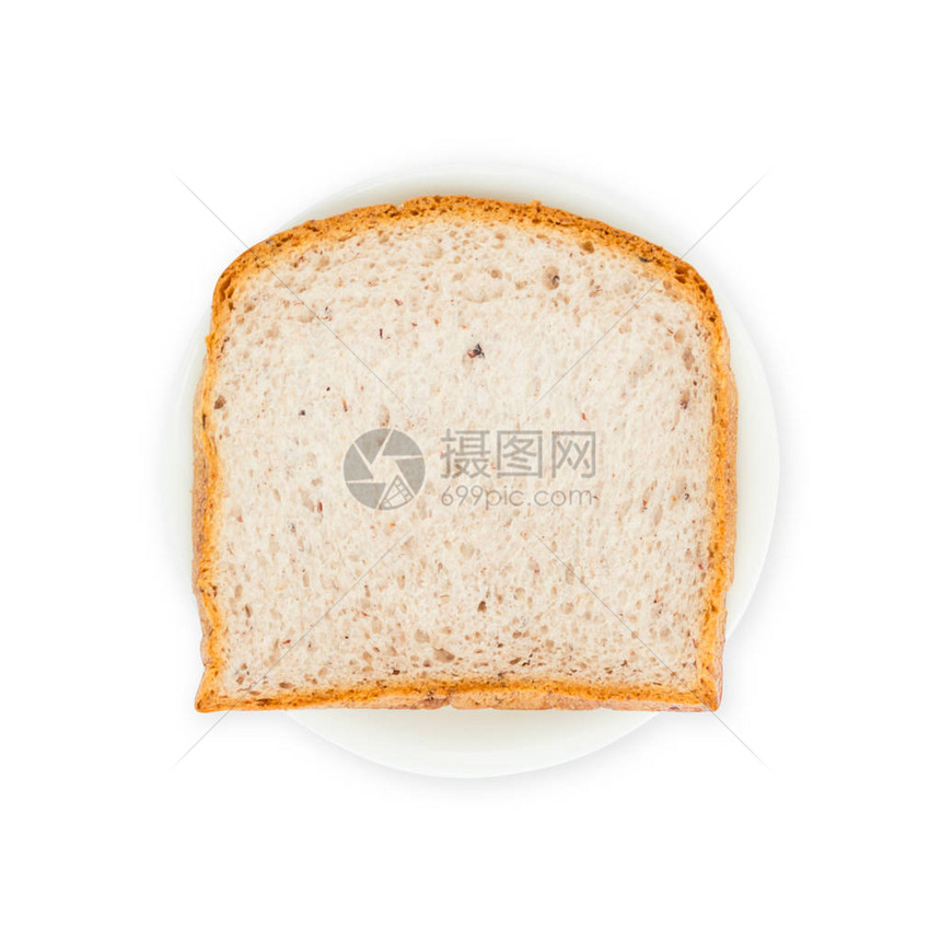 在白色背景上分离的发芽糙米面包片图片