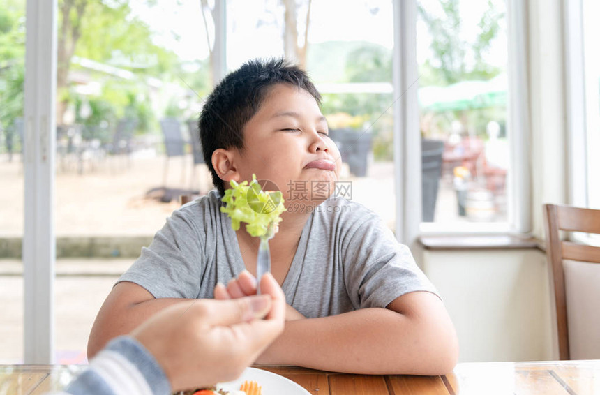 肥胖子对蔬菜表示憎恶拒绝食物概图片