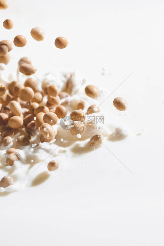 大豆落入牛奶中白色背景上滴落图片