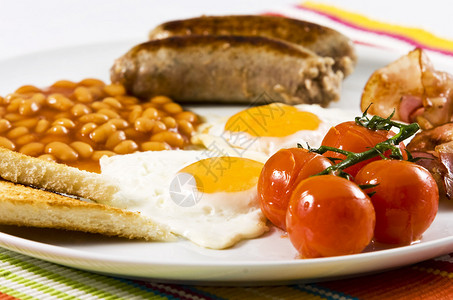 英式早餐在白盘上供应背景图片