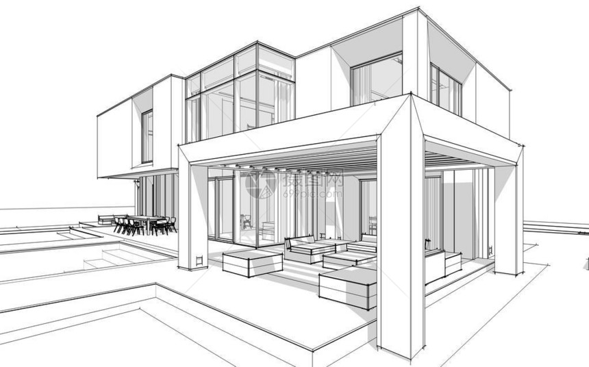 河边现代舒适房屋的3D渲染草图图片