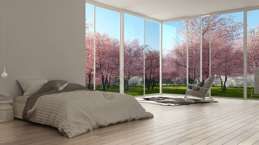 古典卧室最起码的白色室内设计大型全景窗春园粉红花树旅馆图片