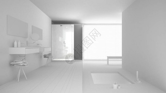 白色洗手间浴盆和全景窗的白色厕所总项目图片