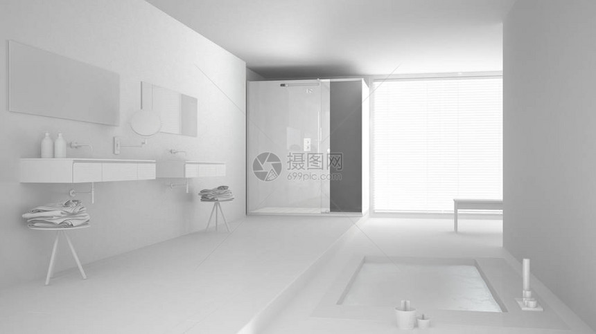 白色洗手间浴盆和全景窗的白色厕所总项目图片