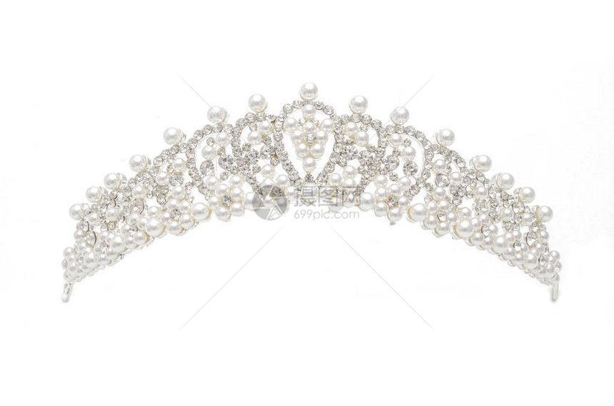 银色王冠与钻石和珍珠隔离在白色图片