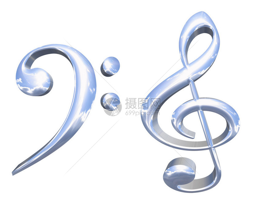 3D银或铬音乐键符号概念在白图片