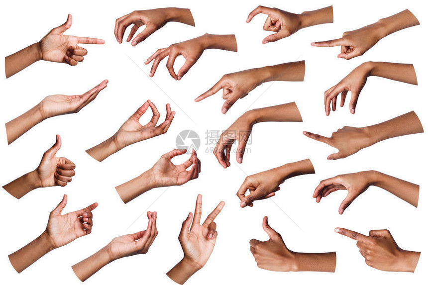 非裔美国人的手在孤立的白色背景上打手势显示各种手图片
