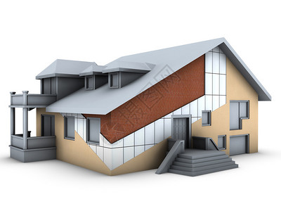 房屋模型与墙层隔离在白色图片