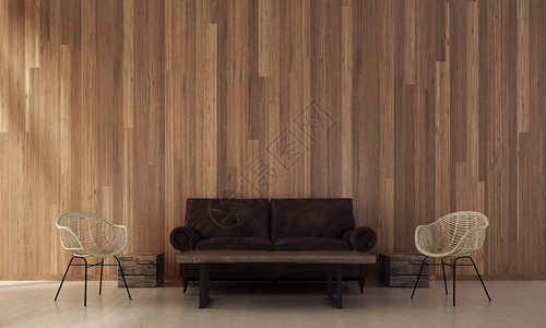 客厅的室内设计和木墙纹理3D渲染图片