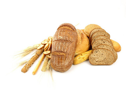 白色背景孤立的各类面包和其他小麦产图片