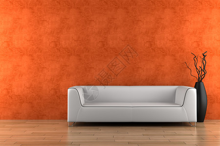 白色沙发和花瓶橙色墙前有干木图片