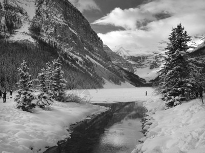 加拿大阿尔伯塔省班夫公园露易丝湖冬季在积雪覆盖的山谷图片