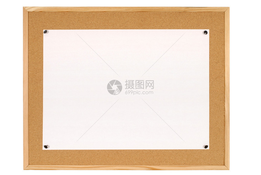 软木通知或公告板与木框架和白色背景上孤立的大张普通白图片