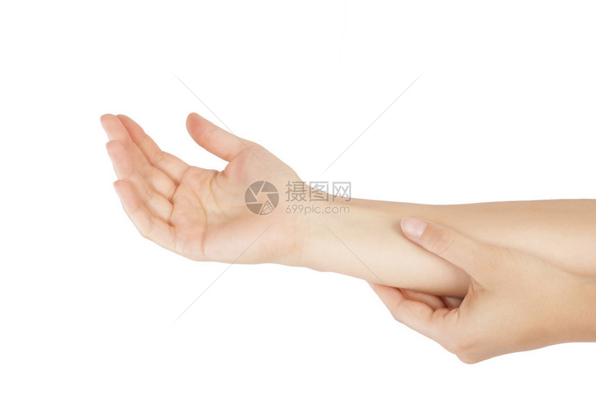 前臂肌肉紧张女触摸前臂的手在白色图片