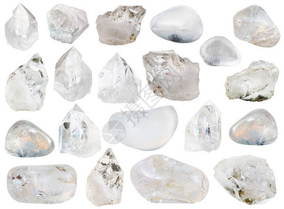 以白色背景隔离的各种天然岩晶体清晶石瑞新石图片