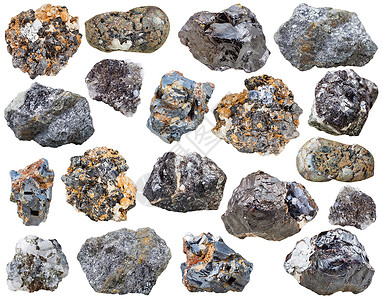 白底分离的各种金银石和半白岩天然矿物石和图片