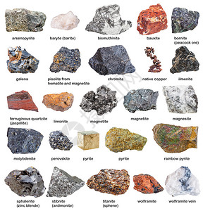 钒钛磁铁矿从原始矿物和矿石中收集的在白色背景上与背景