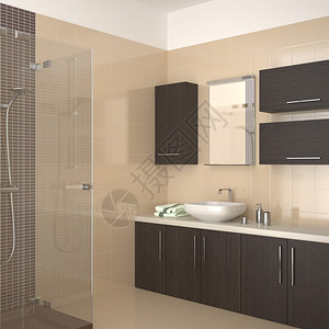 梅利诺尼现代洗手间配有米砖设计图片