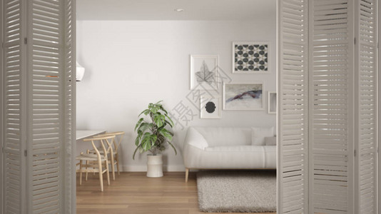 斯堪的纳维亚简约客厅的白色折叠门开口图片