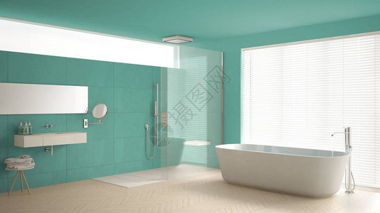 带有浴和淋浴面地板和大理石瓷砖经典白色和绿宝石室内设计的图片