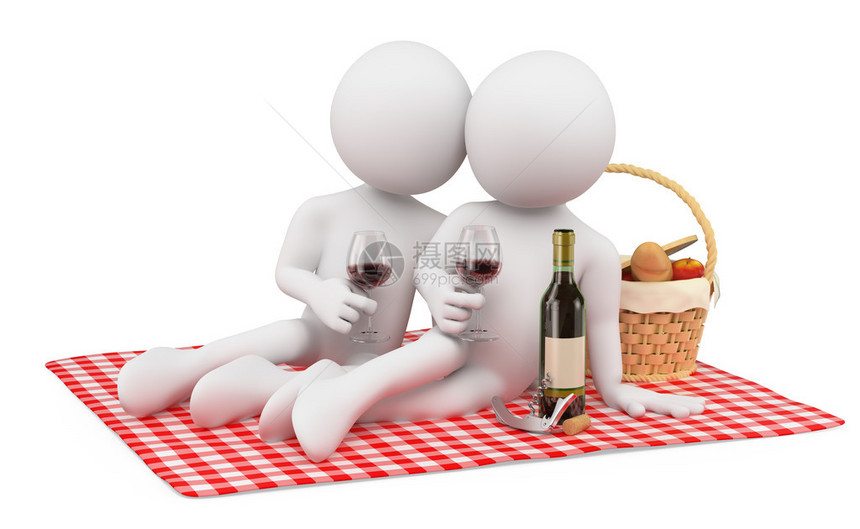 在情人节浪漫野餐中的情侣孤立的白种背景图片