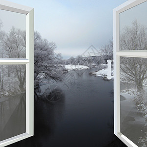 从开着的窗户看冬天的雪河图片
