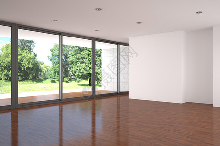 空荡的现代有大窗户和镶木地板图片