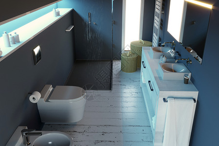 现代洗手间配有卫生设备淋浴和家具配件图片