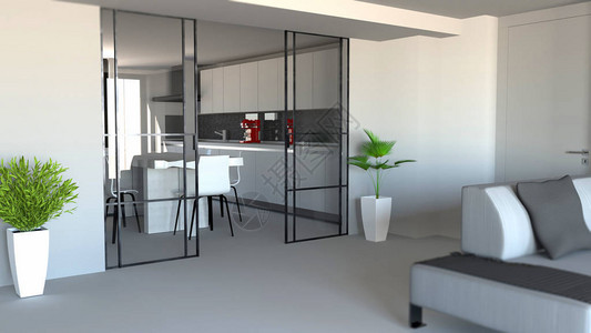 滑板门起居室和厨房隔间现代公寓入口工业图片