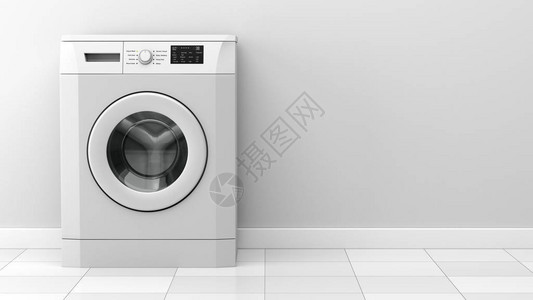 白色墙前的现代洗衣机背景图片