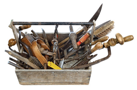 一盒用于木工的旧工具背景图片